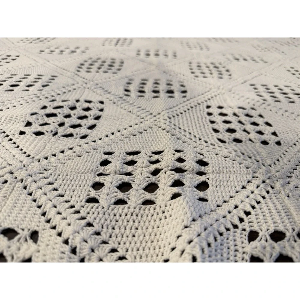 Vtg  Crocheted White Bed Cover  Blanket Tablecloth Queen Throw 82x73 Boho